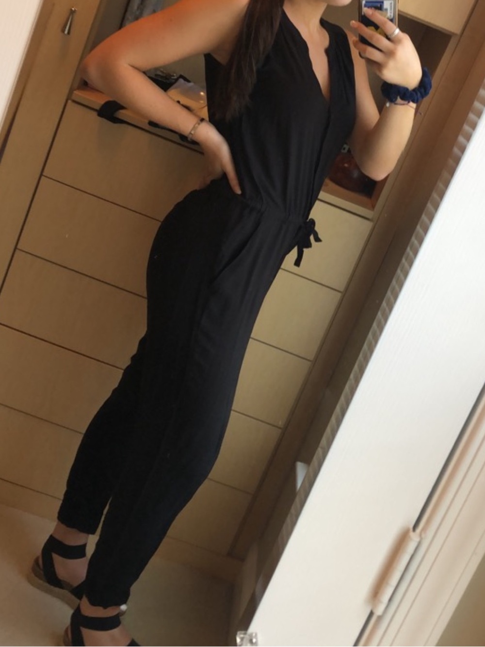 LOFT Black Sleeveless Drawstring Waist Jumpsuit